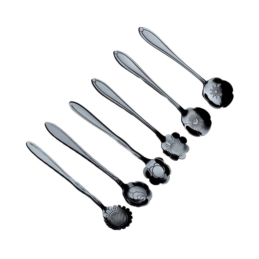 Black various flower spoons - lot of 6