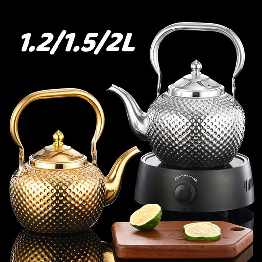 1,2/1,5/2L Edelstahl-Teekessel Silber Gold Teekannen Trinkgeschirr gehämmert kugelförmiger Kessel Induktionsherd Teekessel Teekessel