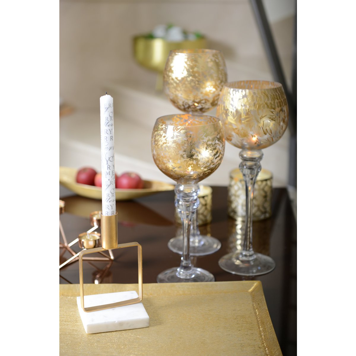 SQUARE GOLDEN CANDLEHOLDER MARBLE HOLDER H. 17 CM