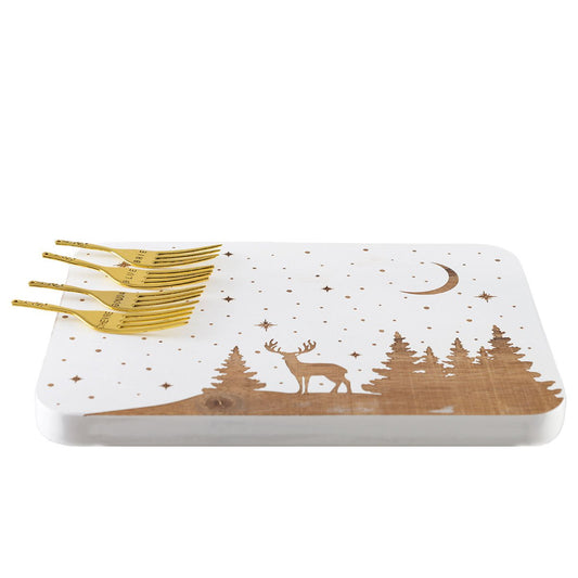 RECTANGULAR VENISON CHEESE PLATTER AND 4 GOLDEN FORKS