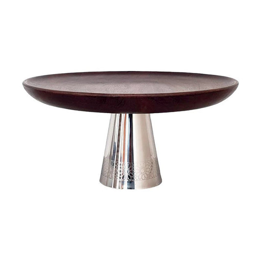 Wooden cake tin on a silver metal stand, 30 x 30 x 14.5 cm