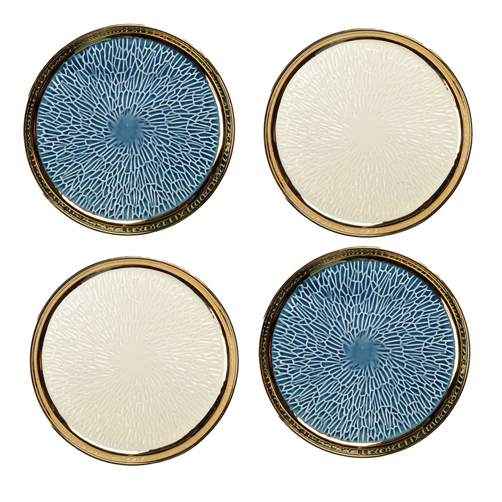 DESSERTTELLER MIT GOLDRAND, 2 BLAU UND 2 CREME – 4ER-SET