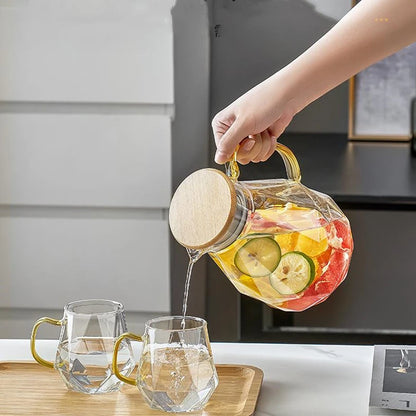 Wasserkrug Transparent Hitzebeständiges Glas Kaltwasser Wasserkocher und Tassen Wassertopf mit Griff Große Kapazität Büro Haushalt Krug