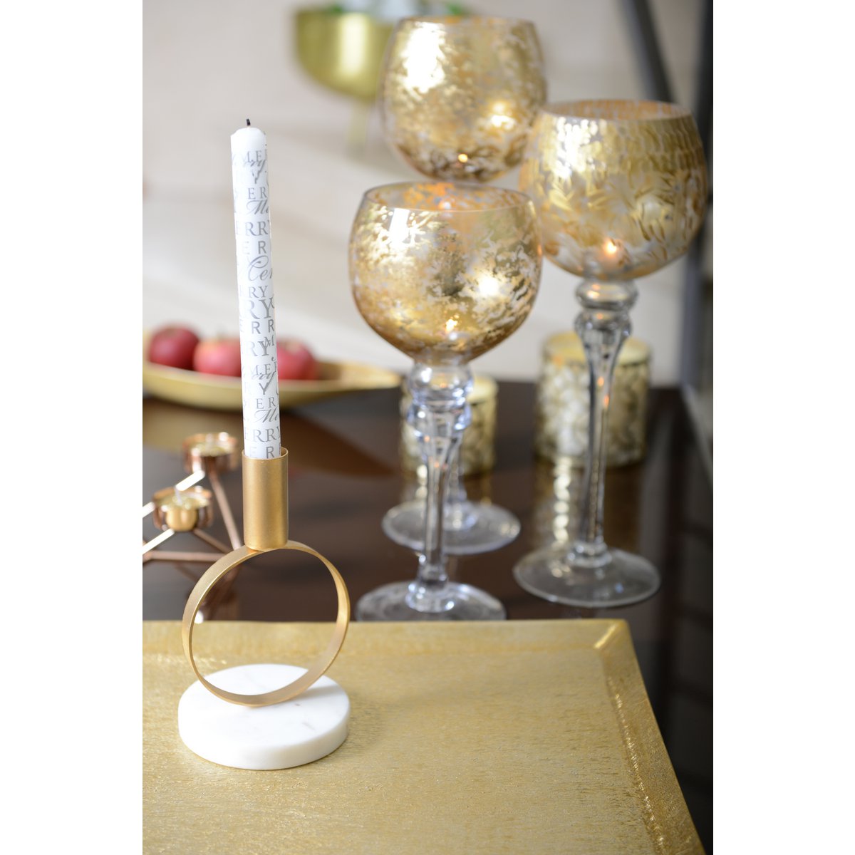ROUND MATT GOLD CANDLEHOLDER WITH MARBLE HOLDER H. 17 CM
