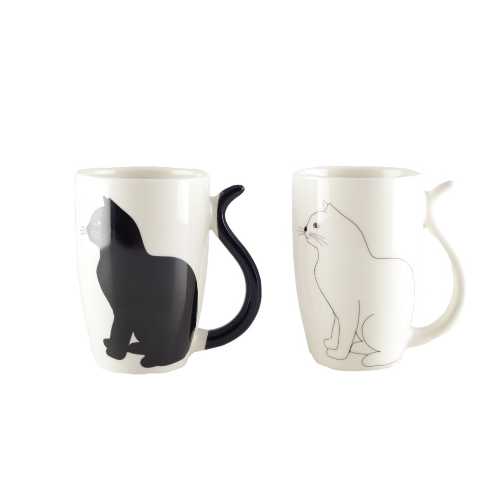 BLACK AND WHITE CAT CUPS WITH TAIL-SHAPED HANDLE – SET OF 2