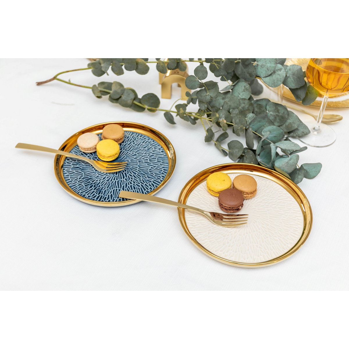 DESSERTTELLER MIT GOLDRAND, 2 BLAU UND 2 CREME – 4ER-SET