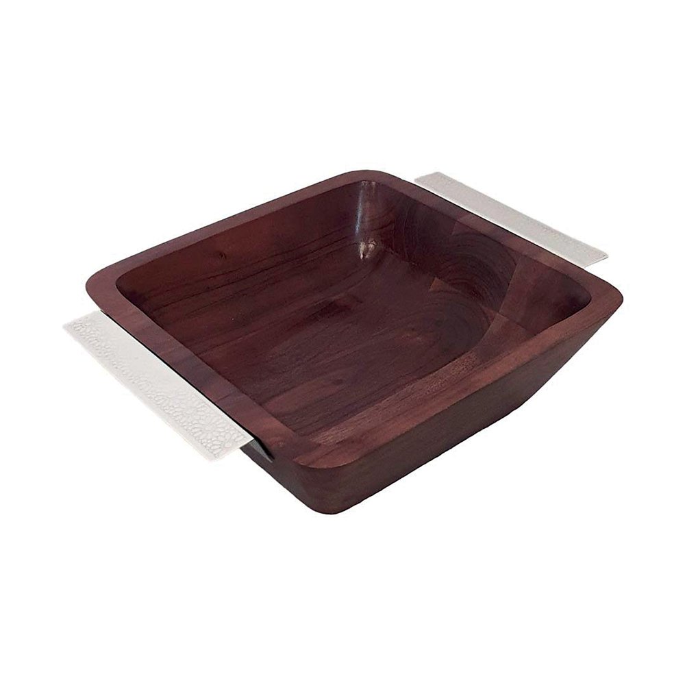 WOODEN SALAD BOWL WITH SILVER HANDLES 25X25X8CM