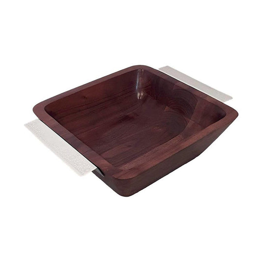 WOODEN SALAD BOWL WITH SILVER HANDLES 25X25X8CM