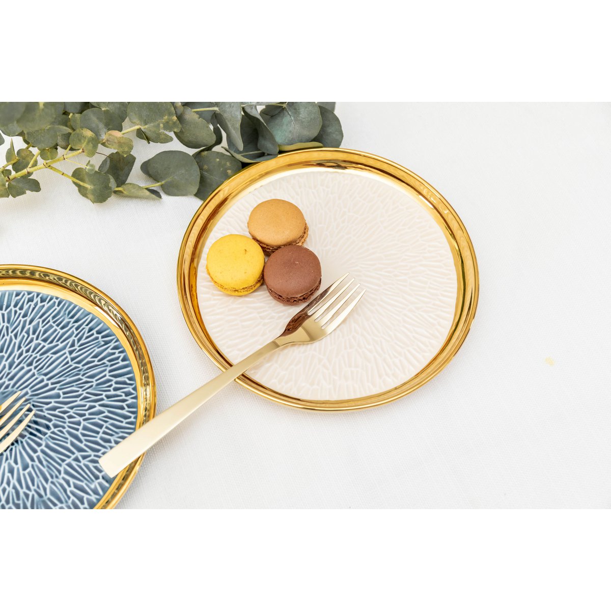 DESSERTTELLER MIT GOLDRAND, 2 BLAU UND 2 CREME – 4ER-SET