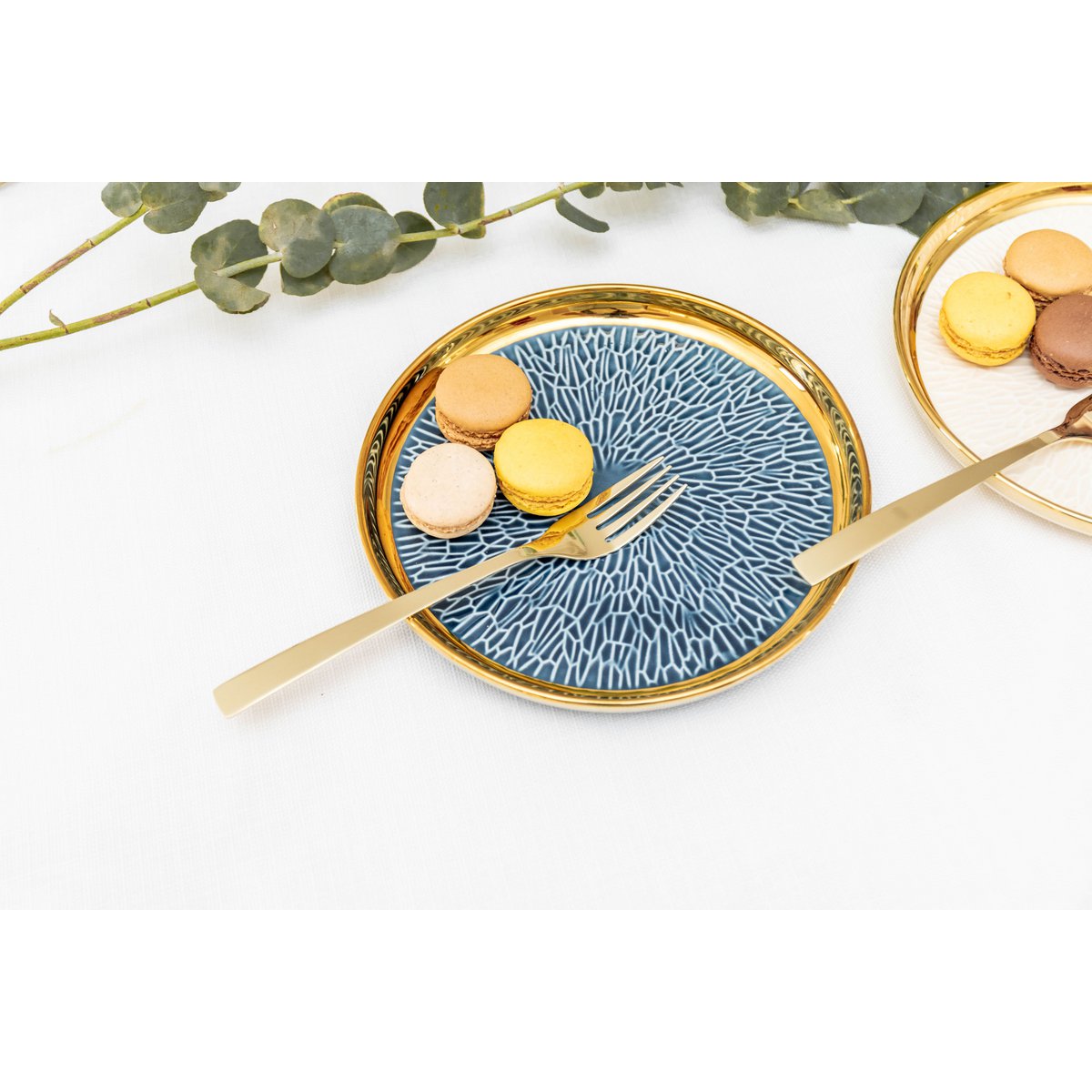 DESSERTTELLER MIT GOLDRAND, 2 BLAU UND 2 CREME – 4ER-SET